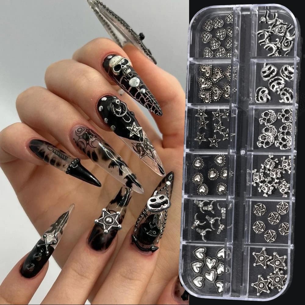 12Grids 3D Black Silver Metal Halloween Nail Art Rivets Gothic Skull Pumpkin Star Heart Nail Charm Y2k Punk Retro Alloy Nail Dec