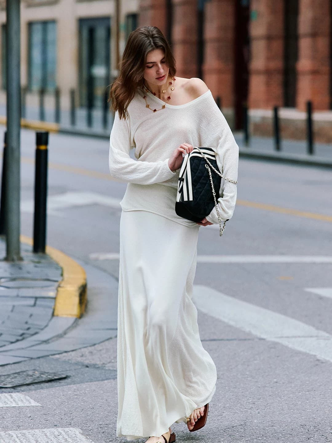 High Elasticity Knitted Set Women's V-Neck Long Sleeve Top High Waist Draped Skirt Two-Piece Set Breathable Casual Fashion