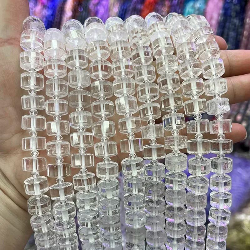 Natural White Crystal Wheel Faceted Cylindrical Shaped Beads Stone For Jewelry Creation Bracelet DIY Necklace 15''10-14mm