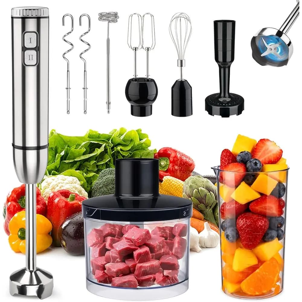 Frullatore a Immersione 8-in-1 con 25 Velocità, Turbo, Bicchiere, Tritatutto, Montalatte, Tritacarne e Mixer