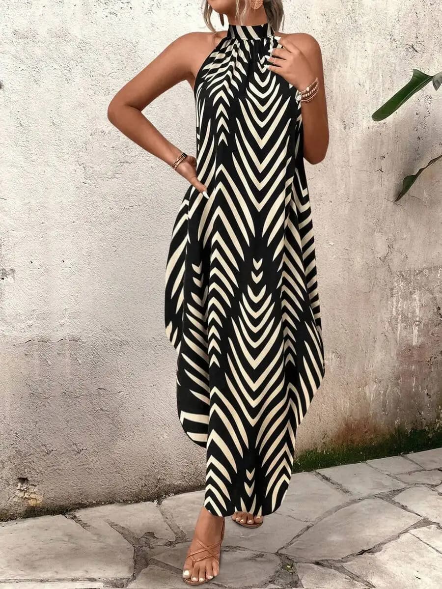Womens Summer Casual Halter Neck Geometric Print Long Dress