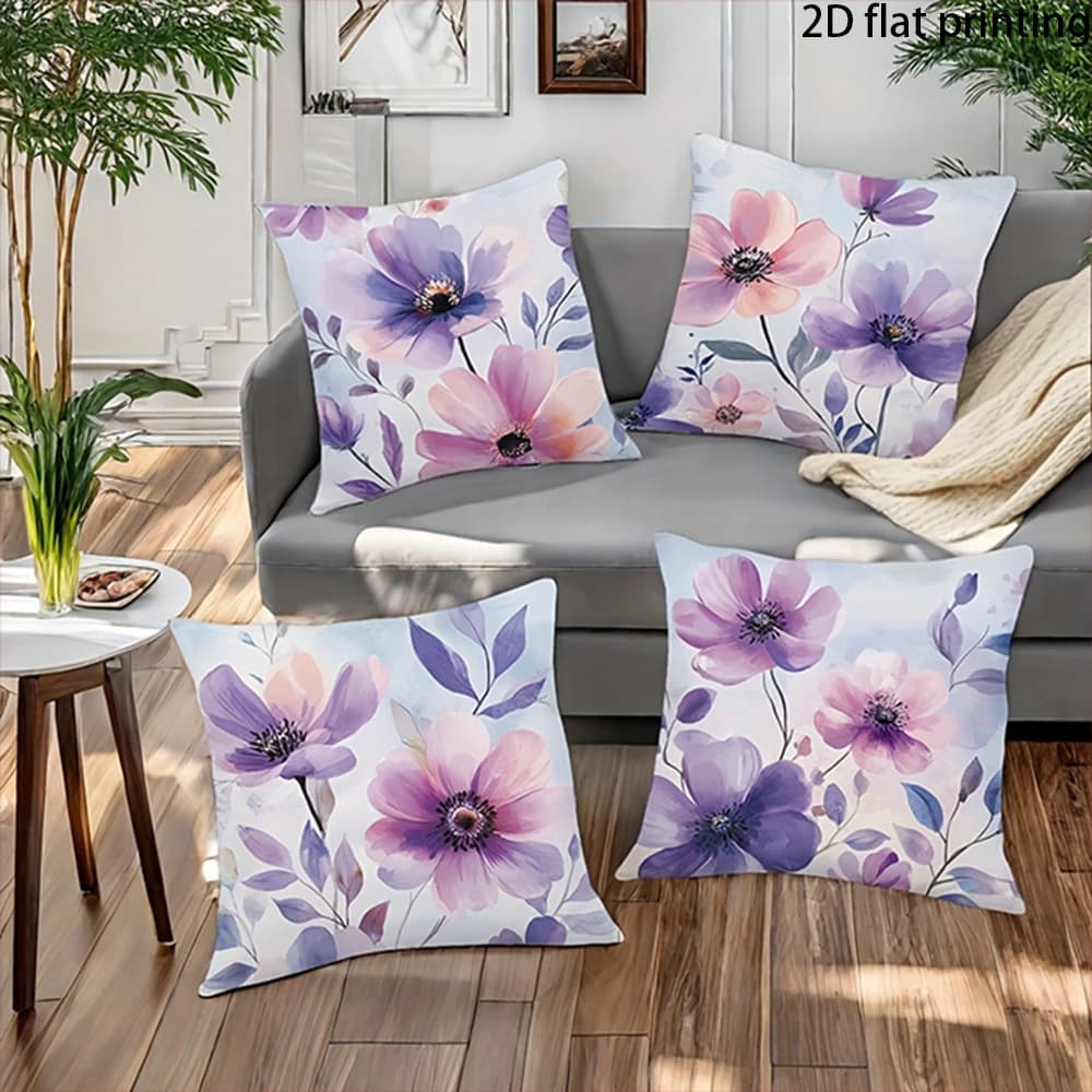 1/4 pezzi di fodere per cuscini floreali viola acquerello, adatte per letti, divani, poltrone, decorazioni per la casa.