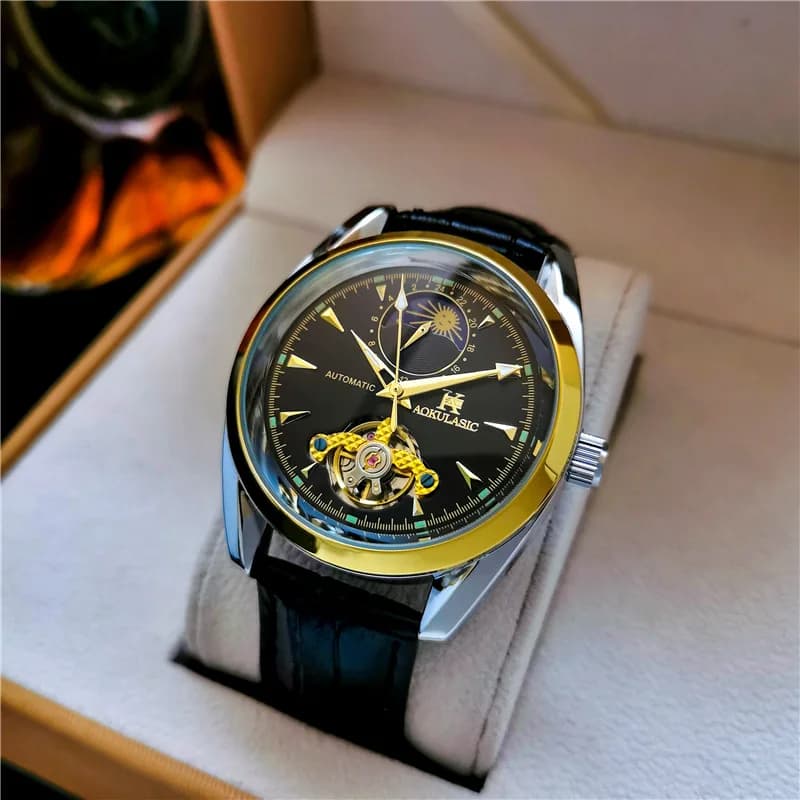 Orologio Automatico da Uomo in Acciaio Inossidabile con Tourbillon Sole-Luna-Stella, Luminoso, Impermeabile, Cinturino in Vera Pelle