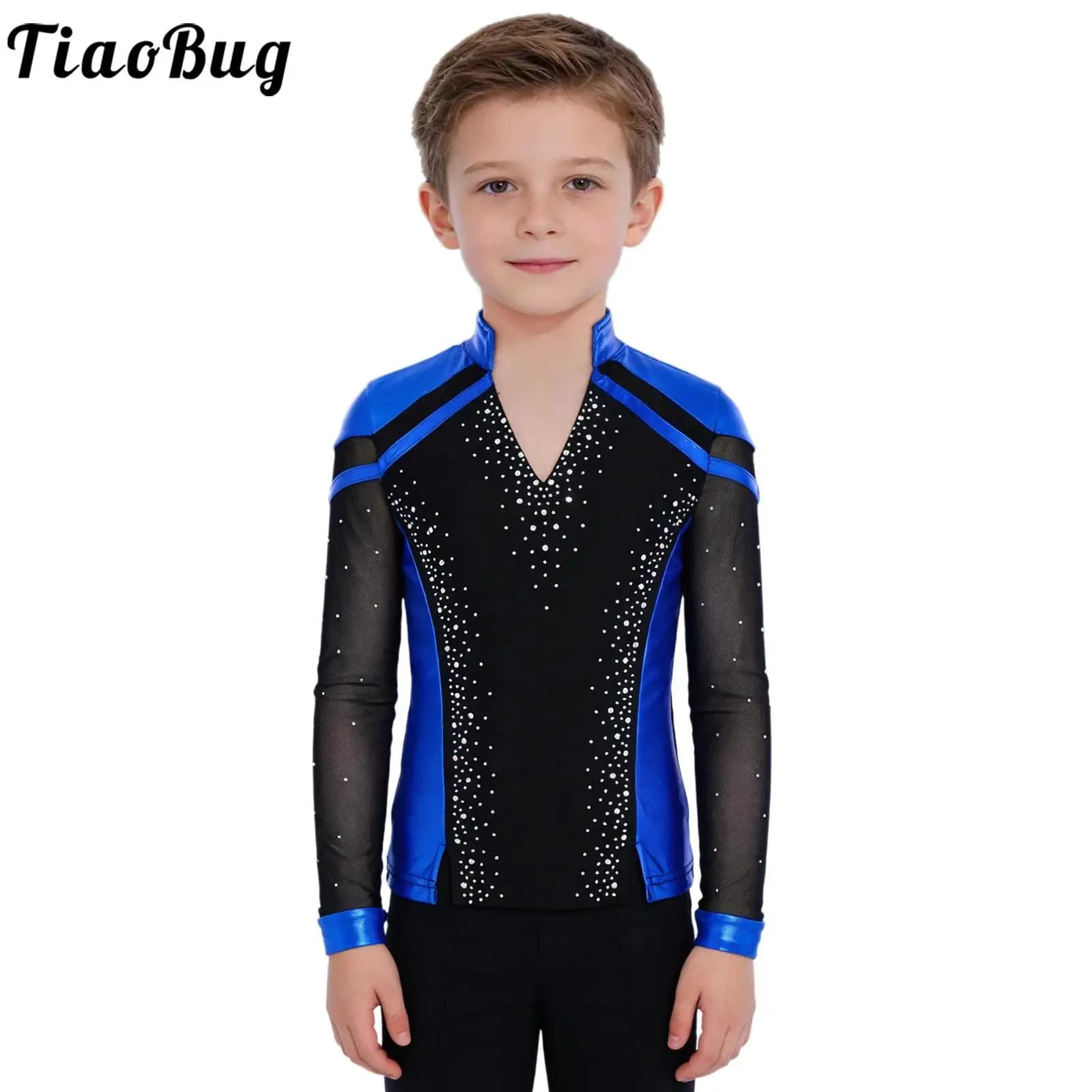 Top da ballo per pattinaggio di figura per bambini per balletto jazz, ginnastica, competizione, performance, costume, camicia a maniche lunghe con strass