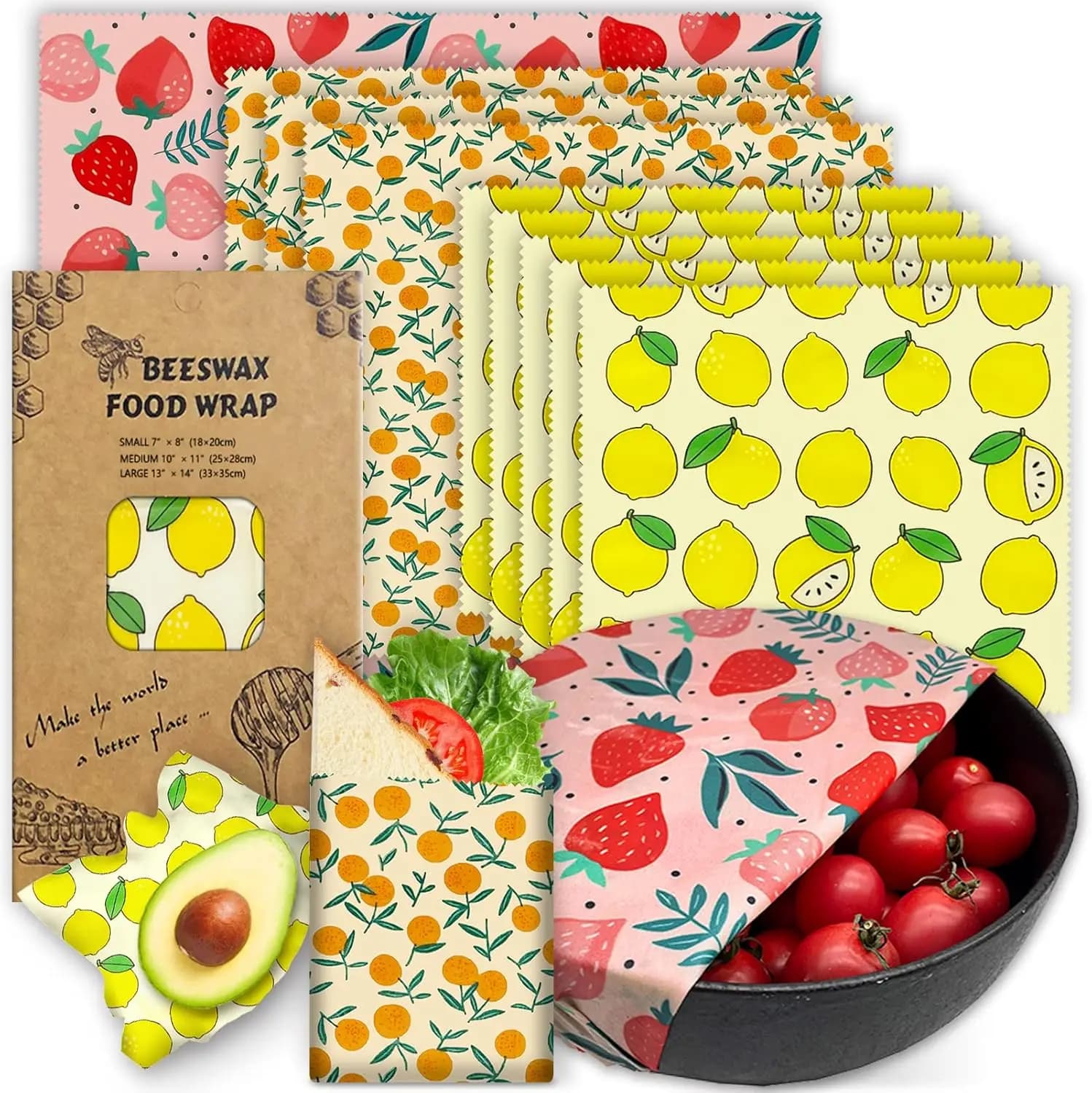 9-Pack Reusable Beeswax Wraps - Eco-Friendly Food Storage, Zero Waste, Plastic-Free