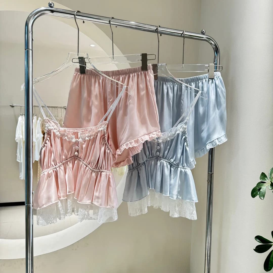 Pizzo Trim vestiti per la casa Sexy Cami shorts 2 pezzi pigiama vestito donna Lingerie camicia da notte Mini Sleepwear Pour Femme pigiama Outfit