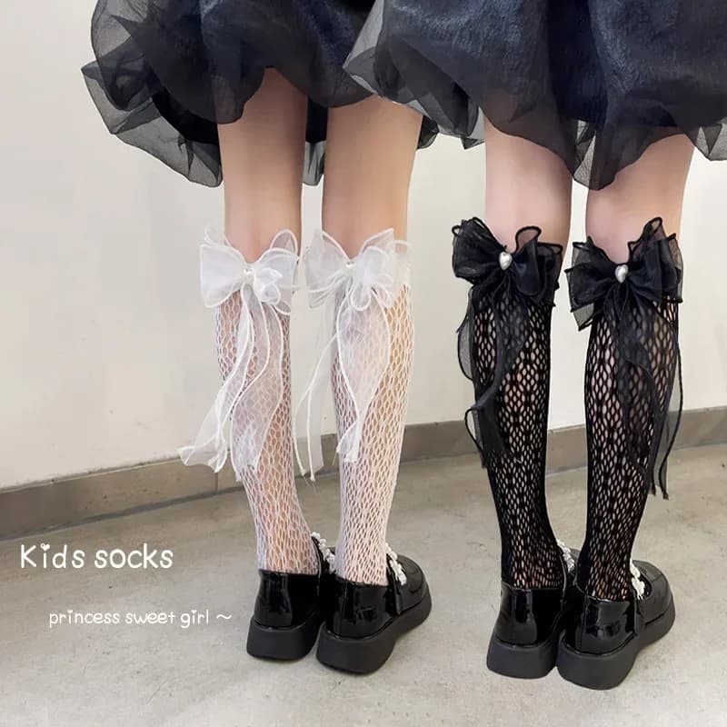 Calzino sottile traspirante estivo Bambina al ginocchio a rete con volant in pizzo con fiocco Principessa Calzini a cilindro centrale Calzini per bambini carini in pizzo alla moda
