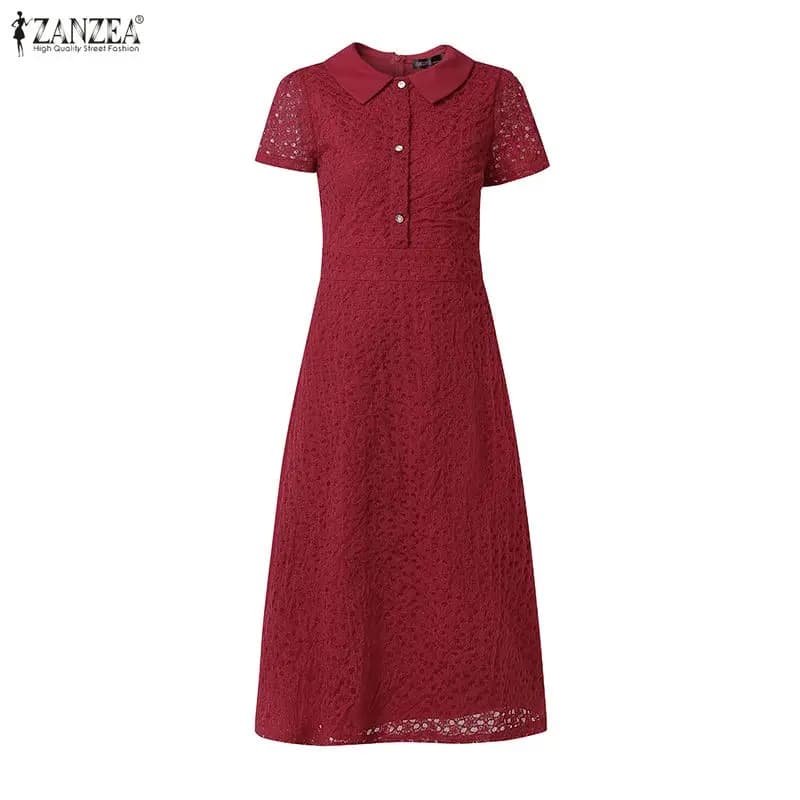 Abito Midi Elegante da Donna in Pizzo con Colletto Risvoltato e Maniche Corte, con Inserti in Pizzo Traforato ZANZEA 2026 – Collezione Estiva Raffinata