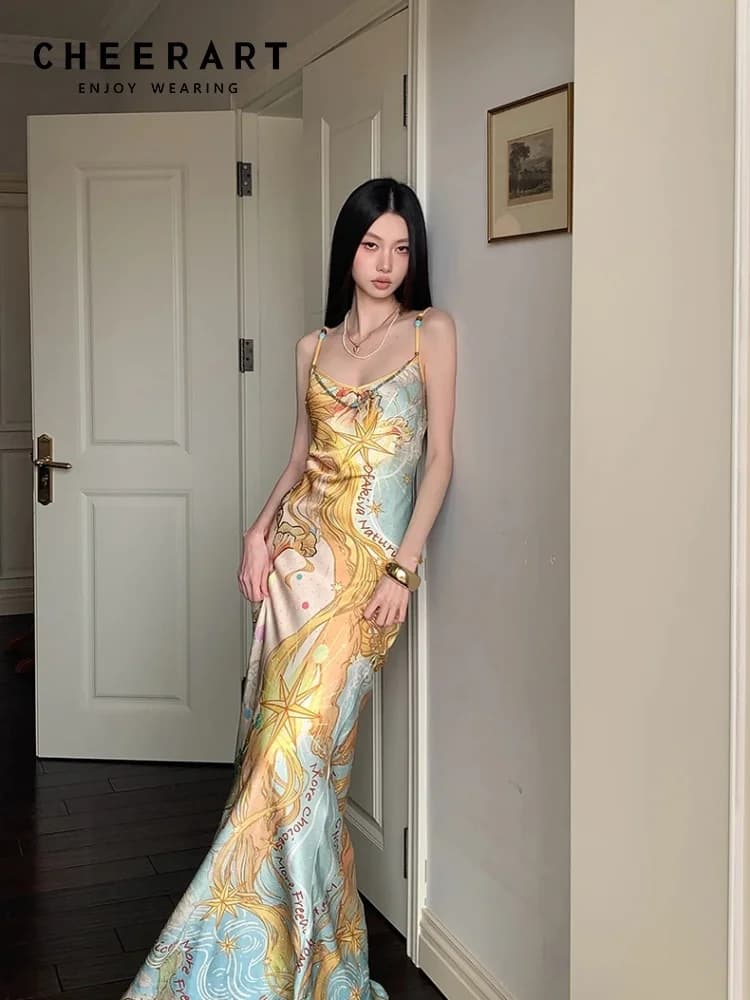CHEERART Abito Lungo Giallo con Strass, Elegante Vestito Aderente con Perline Dorate, Abito da Sera di Lusso 2026 per Donna