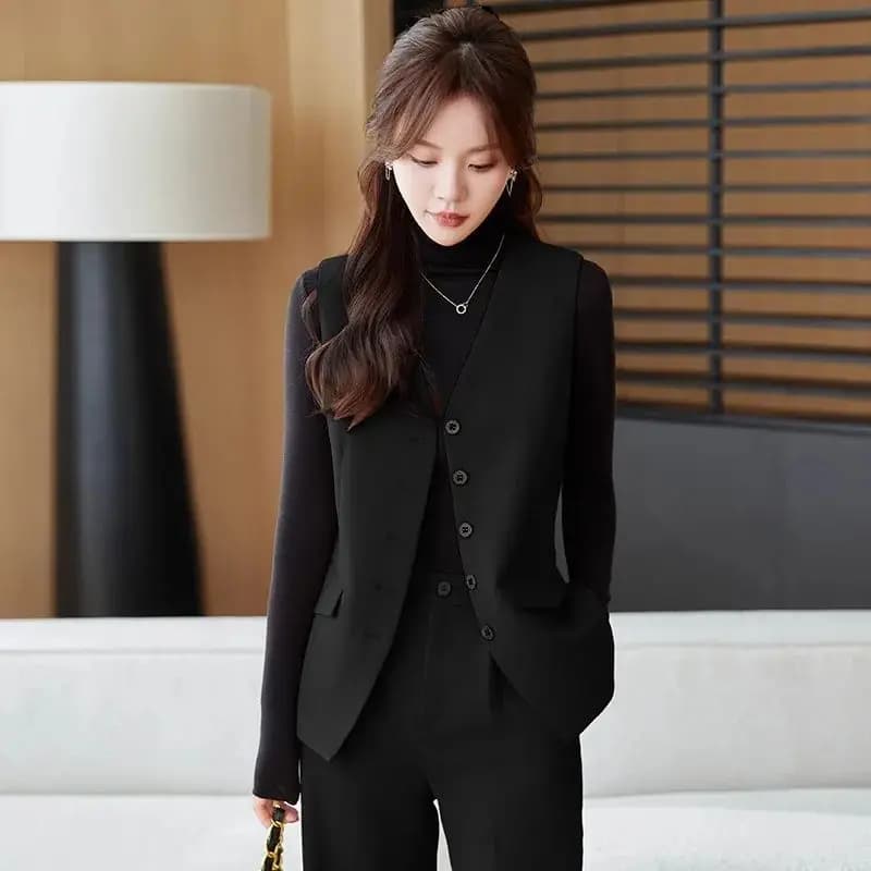 Spring 2026 Women's V-Neck Suit Jacket Black Open Cardigan Outerwear Fashionable Versatile Shoulder Pad Vest Casual Commute