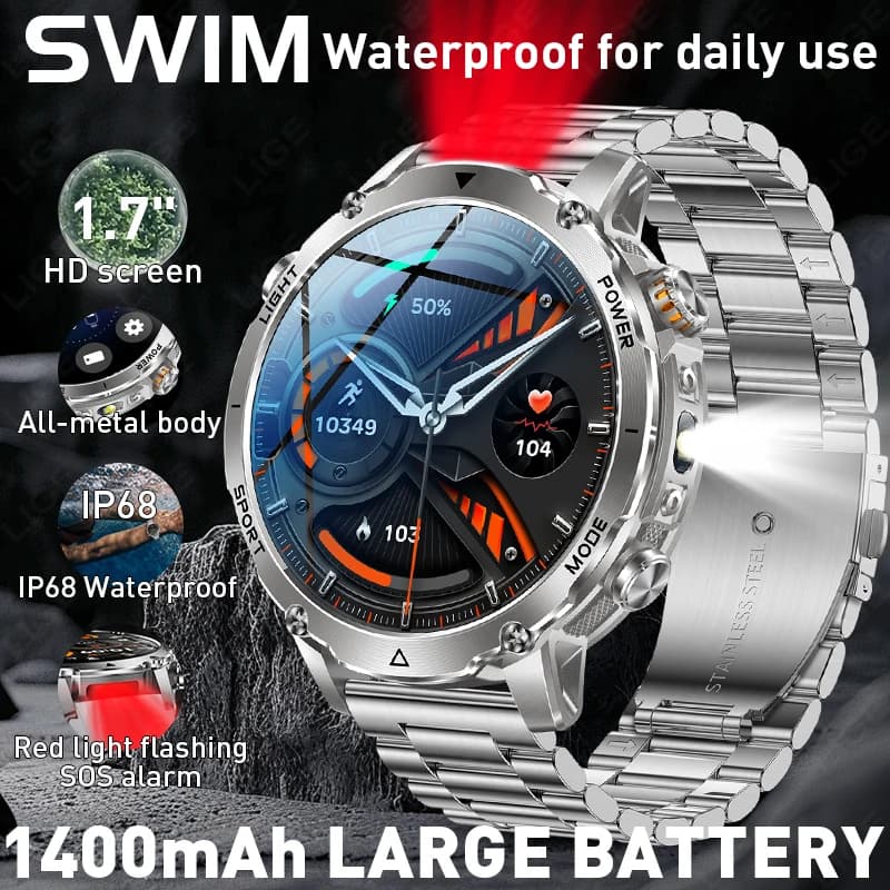 LIGE Men's Smart Watch Bluetooth Call 1400mAh Large Battery Military Outdoor Sport Smartwatch Heart Rate Monitor for Android iOS