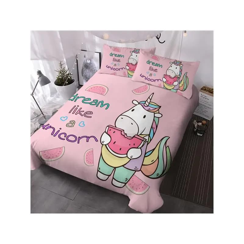 Set copripiumino unicorno anguria da 3 pezzi per trapunta queen size in rosa, biancheria da letto morbida per bambini e adolescenti.