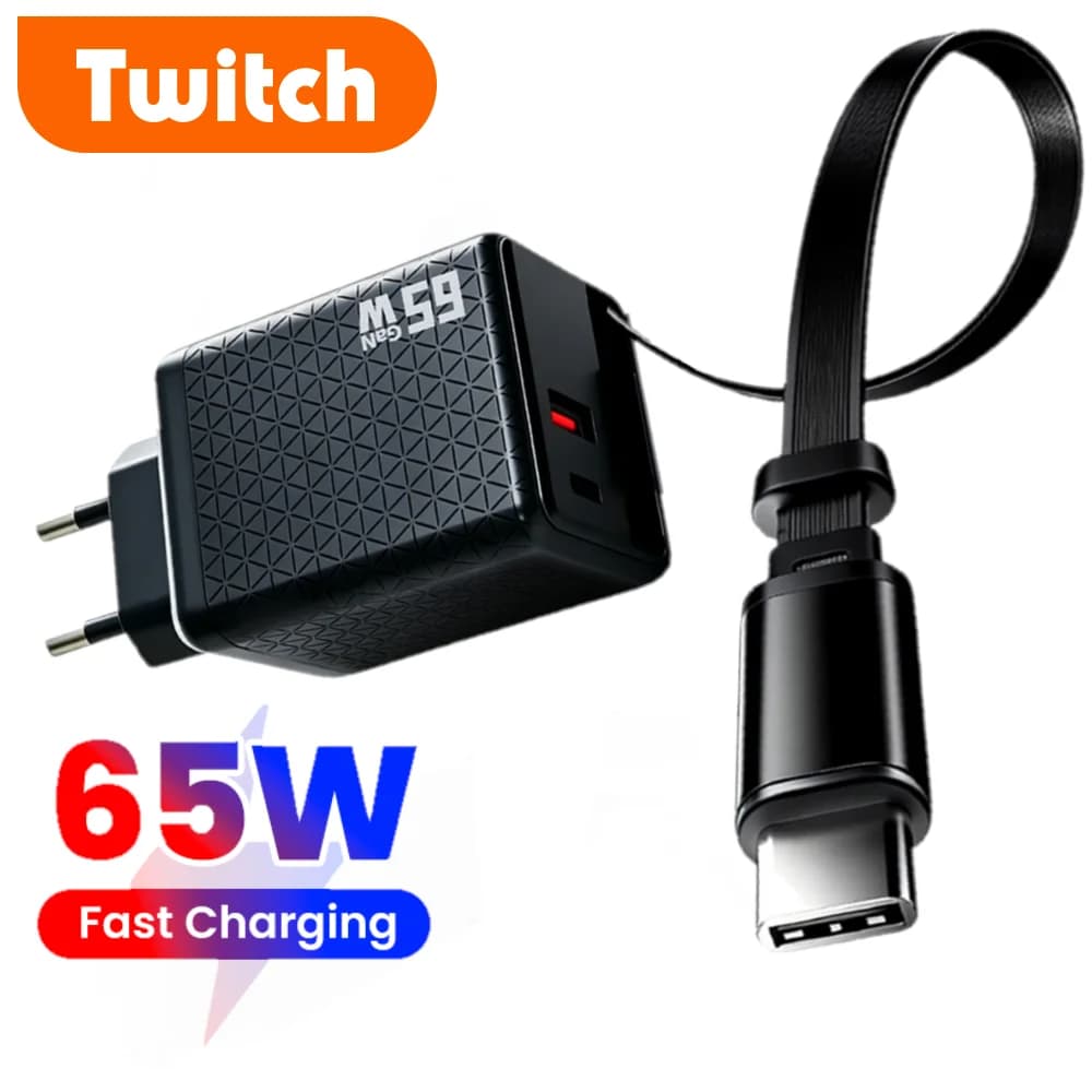 Caricabatterie USB Type-C Super Veloce da 65W Twitch con Cavo USB-C Retrattile per iPhone 17 16 15 Samsung POCO