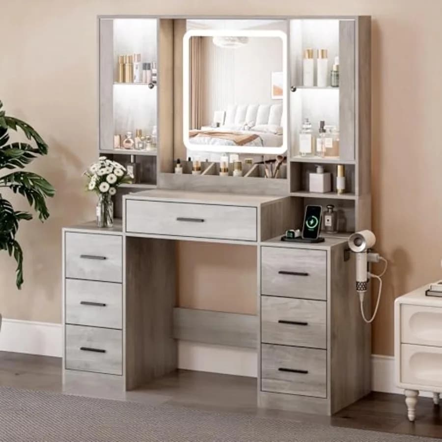 Makeup vanity desk with mirror lights for bedroom, MDF wood, white, 7 drawers + 2 cabinets + hair dryer holder + RGB cabinet li