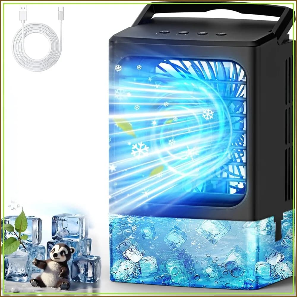 Mini Air Conditioner, Portable Evaporative Cooler Humidifier, 3-Speed Quiet Fan, 7-Color LED Night Light, 4/8H Timer for Bedroom Office Camping