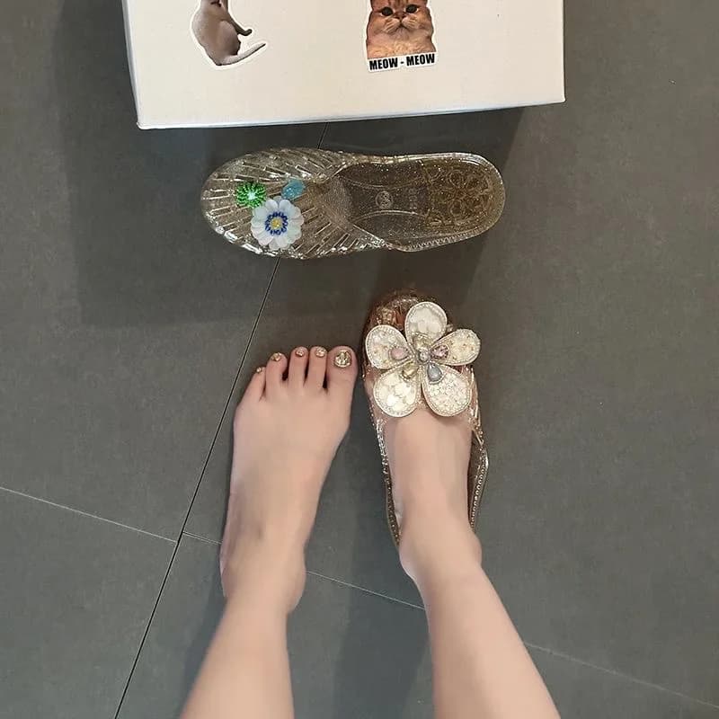 Princess Jelly Shoes with crystal flower, sandals with crystals, summer slippers from home, flip flops