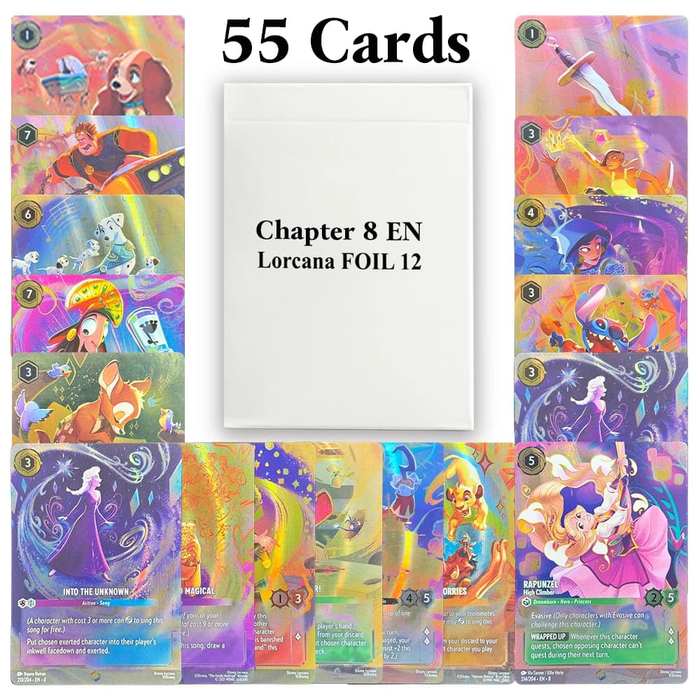 Lorcana Enchanted Foil Set intero (55 carte/set) Capitolo 8 carte INGLESE Reign of Jafar Foil TCG Proxy Stitch Rapunzel Giochi da tavolo
