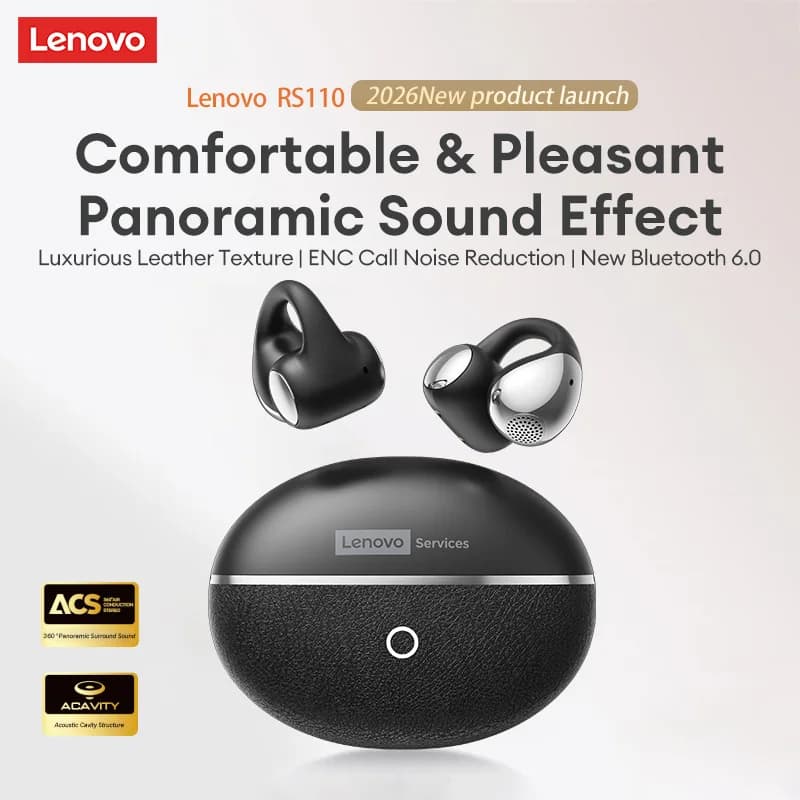 Lenovo RS110 Bluetooth 6.0 Open-Ear Clip headphones with noise reduction, wireless sports headphones, low latency waterproof gaming headsets