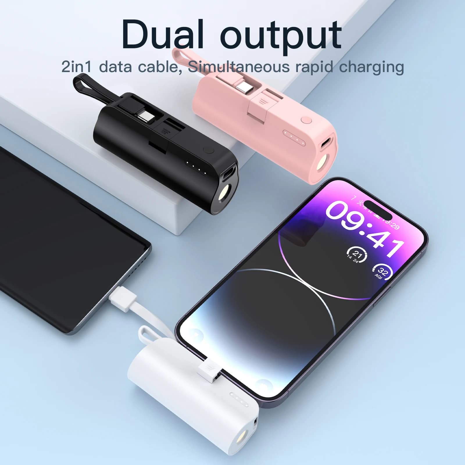 5000mAh portable power bank with charging port with integrated cable, integrated LED lamp and integrated support function.