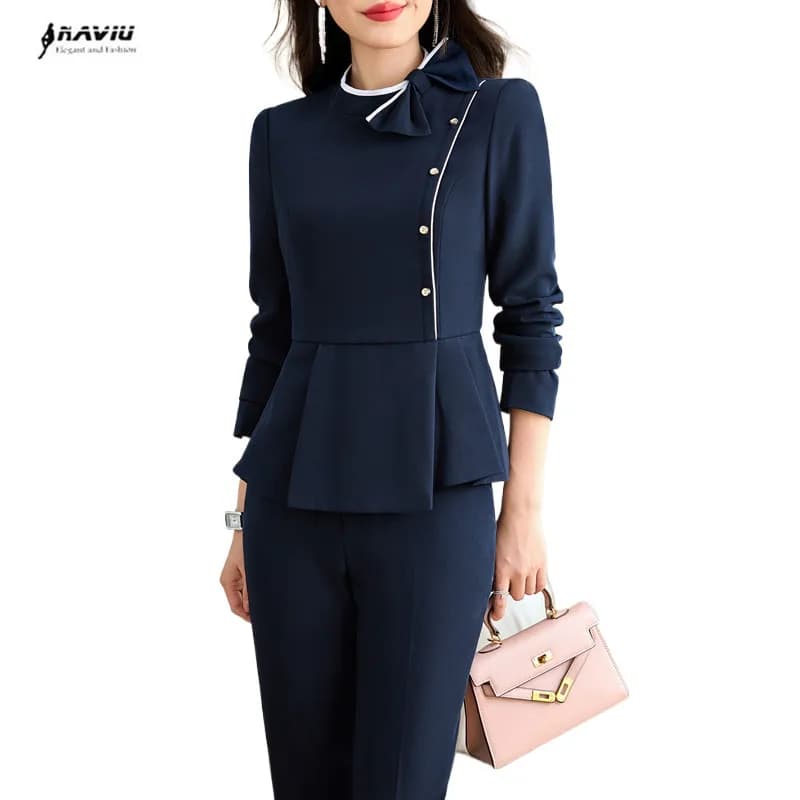 NAVIU 2 Pieces Set Women Blazer And Pants Suit Office Lady Formal Business Work Career Wear Clothes Blue Apricot Black Uniform