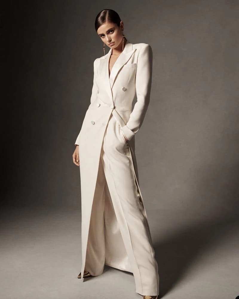 Allingentle Giacca lunga doppiopetto da donna e pantaloni a gamba larga Set abiti eleganti su misura bianco 2 pezzi personalizzati
