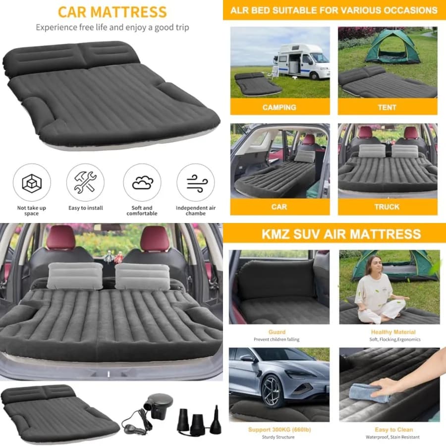 Materasso Gonfiabile per SUV, Ispessito e Floccato su Entrambi i Lati, Letto da Viaggio e Campeggio con 2 Cuscini, Pompa Elettrica Dedicata, Cuscino Mobile I
