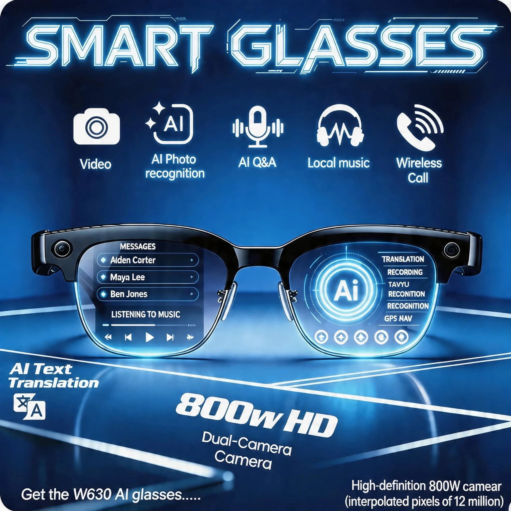 New Upgrade 800W Pixel Smart Glasses With Camera Video Recording AI Photo Recognition Call Language Translation Voice Sunglasses
