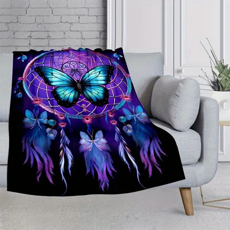 Dreamy Purple Dreamcatcher Butterfly Blanket - Lightweight Flannel Throw, Digital Print, Soft & Warm for Home & Travel
