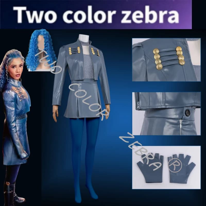 Descendants 5 Blue Princess Queen Chloe Charming Cosplay Costume Military Blue Uniform Jacket Skirt Socks Set for Kids Adults