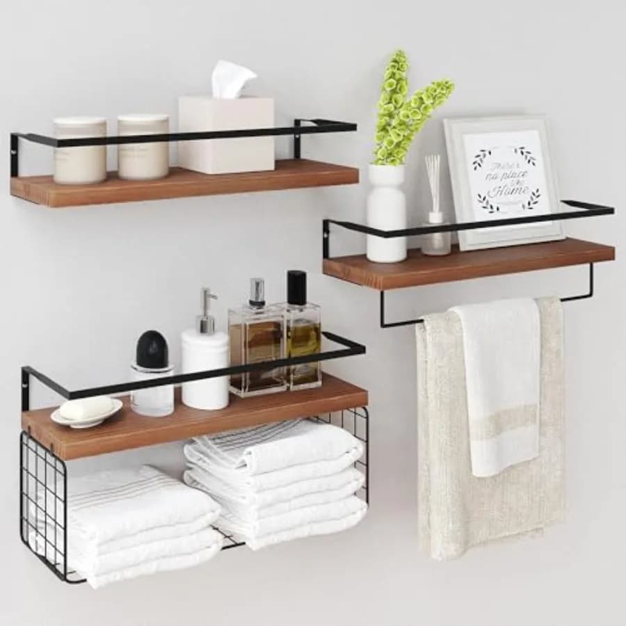 Mensole Galleggianti in Legno da Parete 3+1 Livelli, Scaffali Rustici per Bagno Sopra il WC con Cesto Portaoggetti in Filo Metallico e Portasciugamani, Set da 3 Pezzi