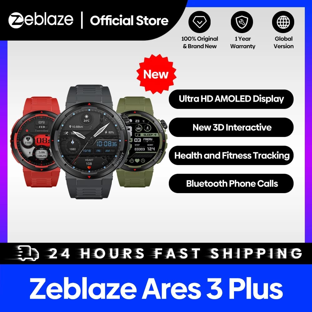 New Zeblaze Ares 3 Plus 1.43 ''Display AMOLED HD Smartwatch Voice calls New 3D interactive 100+ sports modes Smart Watch for men