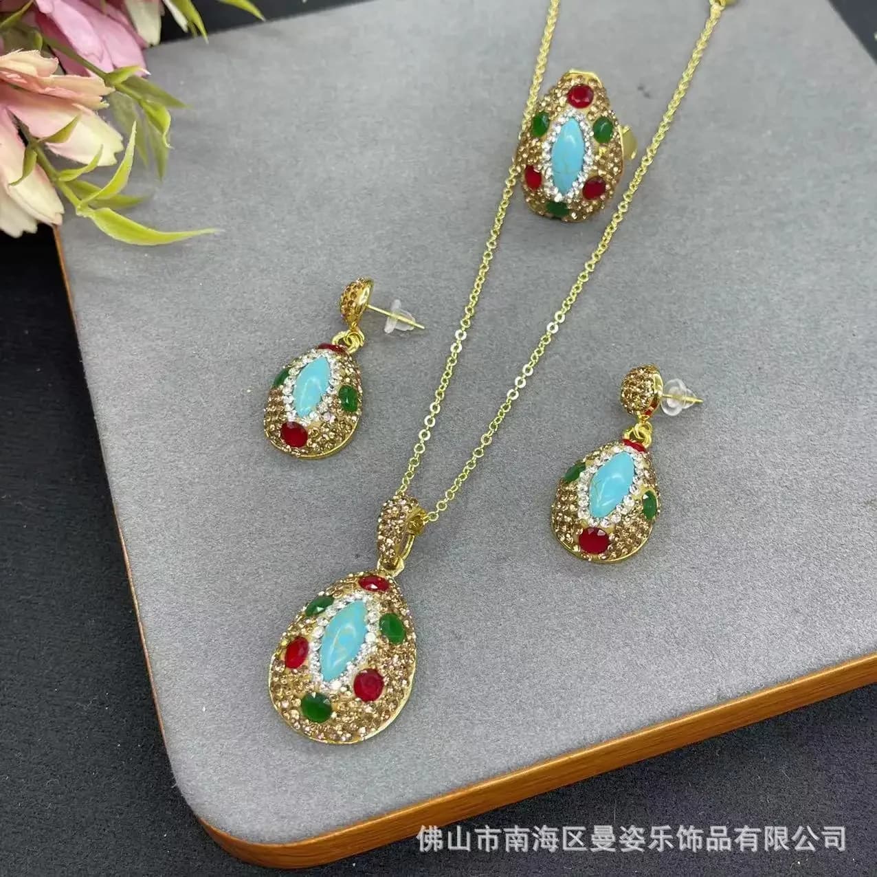 Set di tre pezzi di rubino intarsiato turchese occhio di cavallo design esagerato personalizzato gioielli europei e americani fac