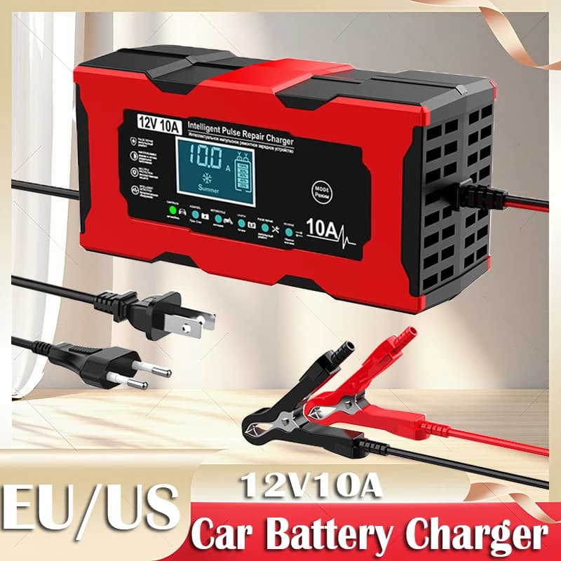 Caricabatteria per avviamento di emergenza per auto e camper 12V 10A Caricatore a coccodrillo con ricarica intelligente Display LCD per gel AGM al piombo acido Lifepo4