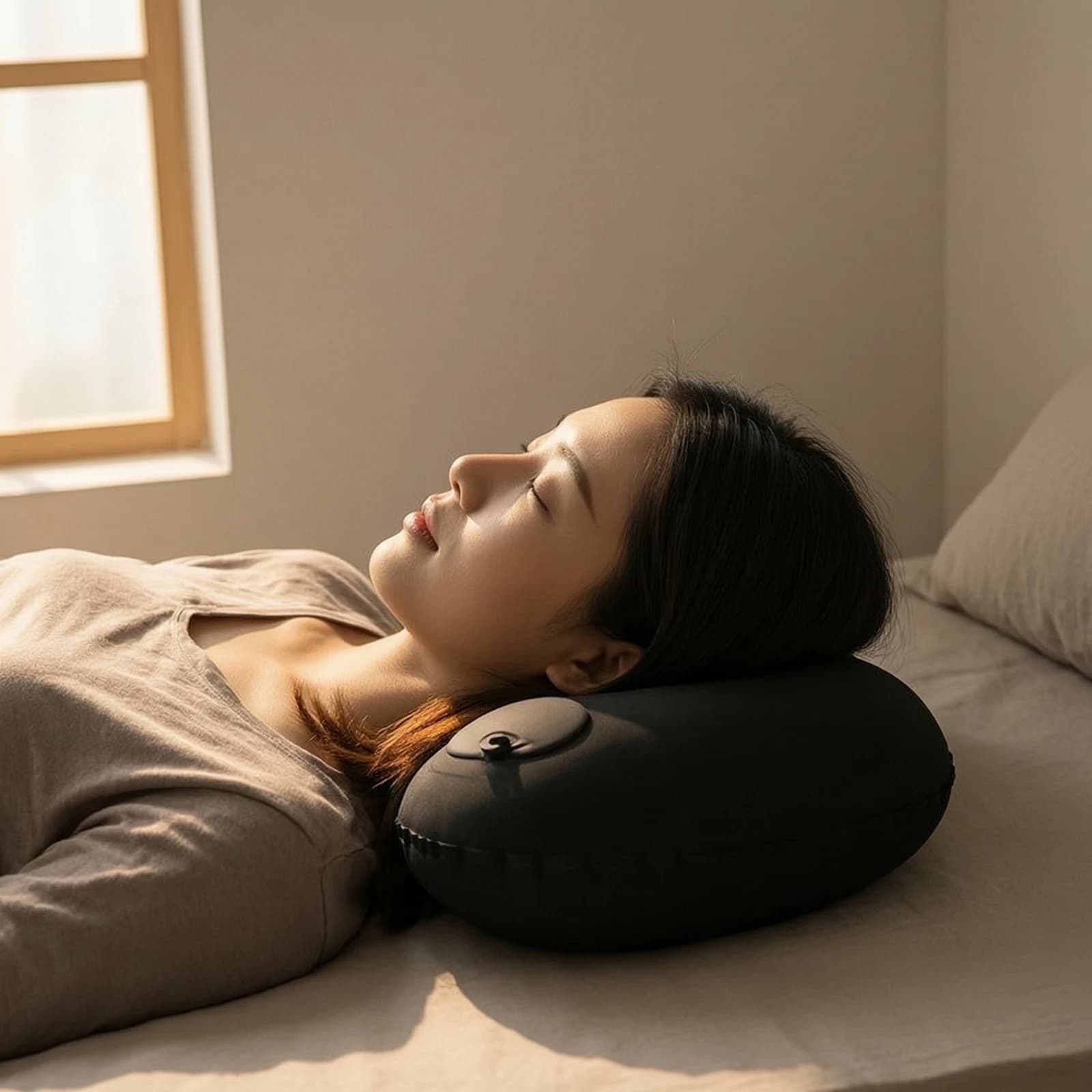 Inflatable Travel Pillow Contoured Pillow with Flocked Surface Cushion with Support Channels Lightweight Supportive