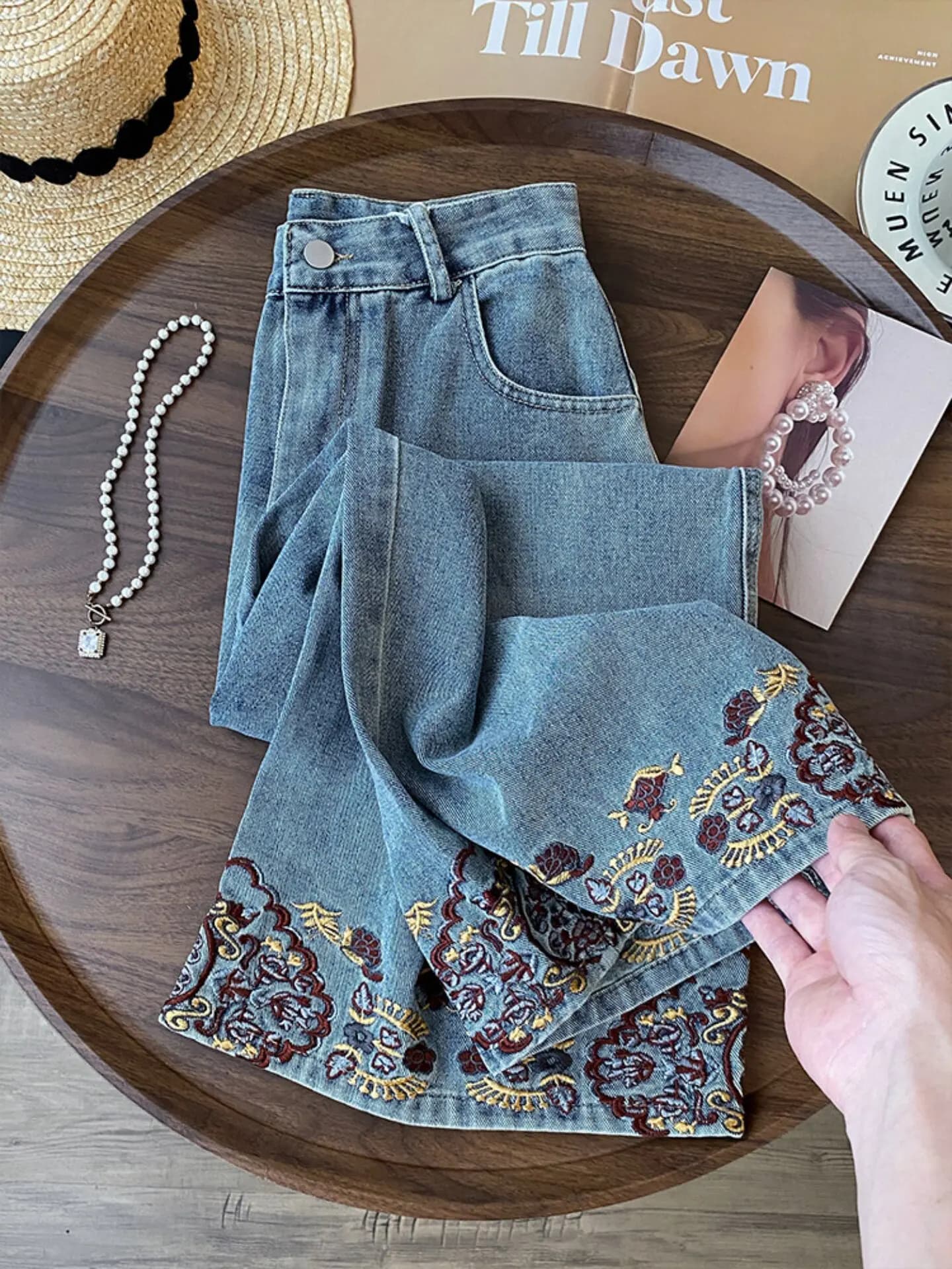 Blue Heavy Embroidery Denim Pants 2026 Spring New Loose Fit Wide Leg Jeans For Women American Style Vintage Casual Bottoms