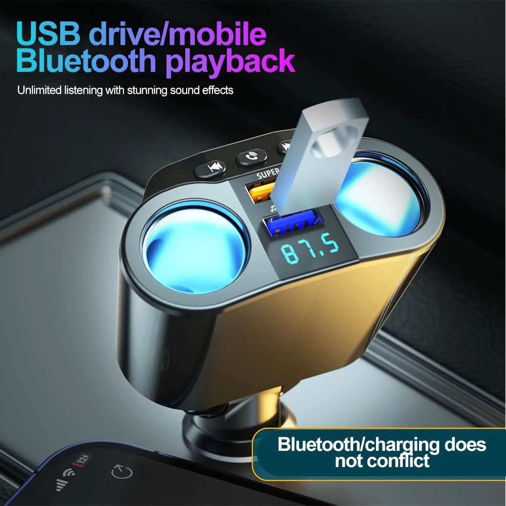 Trasmettitore FM Bluetooth 5.3 adattatore di ricarica rapida Dual USB per caricabatteria da auto presa Splitter per accendisigari per auto 12V/24V