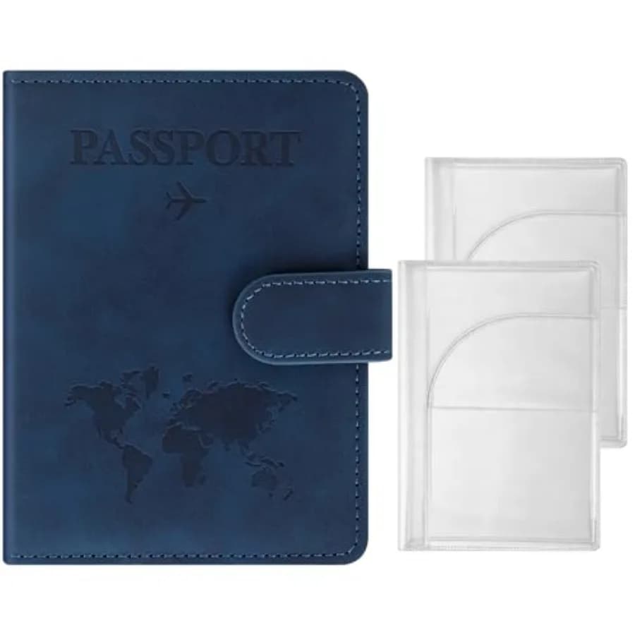 3-Pack Passport Holder Set RFID Blocking PU Leather Travel Passport Wallet with Magnetic Button + 2 Clear PVC Passport Covers P
