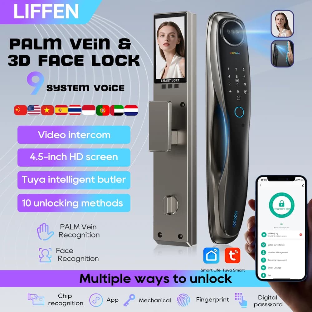 LIFFEN Tuya App Impronte digitali Smart Door Lock Riconoscimento facciale Blocco impronte digitali con fotocamera Porta biometrica Smart Digit Lock