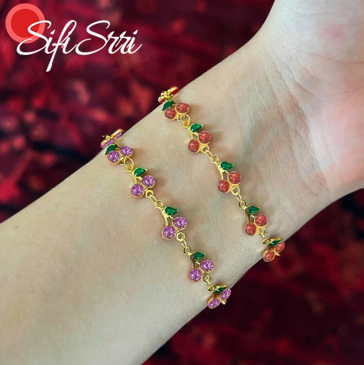 Sifisrri Trendy Red Cherry Bracelet for Women Stainless Steel Adjustable Link Chain Bangles Wedding Jewelry Girl Party Gift