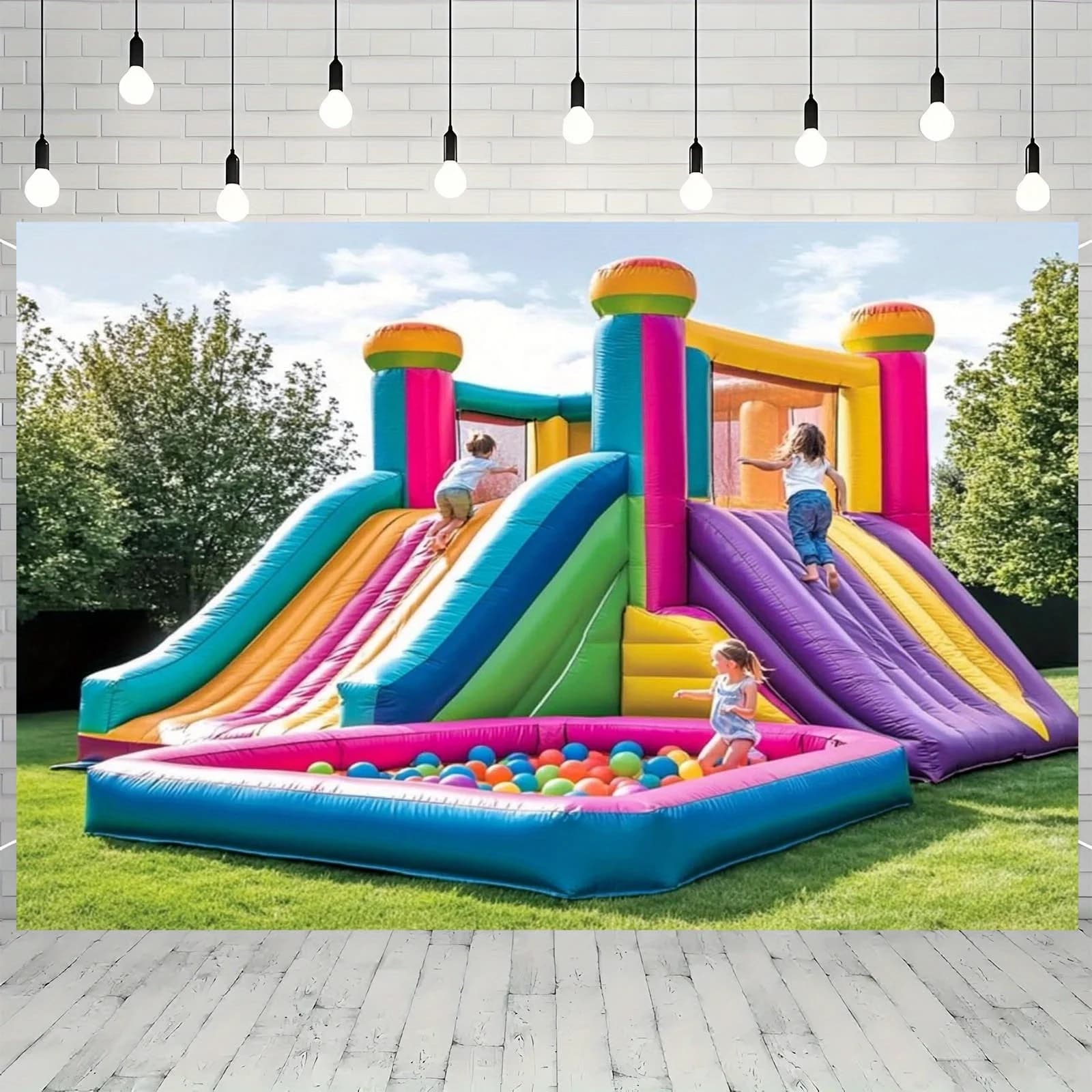 Banner in tessuto con sfondo per trampolino gonfiabile vivace per parco giochi da 1 pezzo - Scivolo colorato e scena per piscina con palline, festa di compleanno