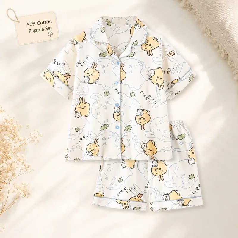 Set Pigiama Kawaii Chiikawa in Cotone, Maniche Corte, Abbigliamento Estivo per Casa, Morbido e Traspirante, Set Comodo per Ragazze, Regalo