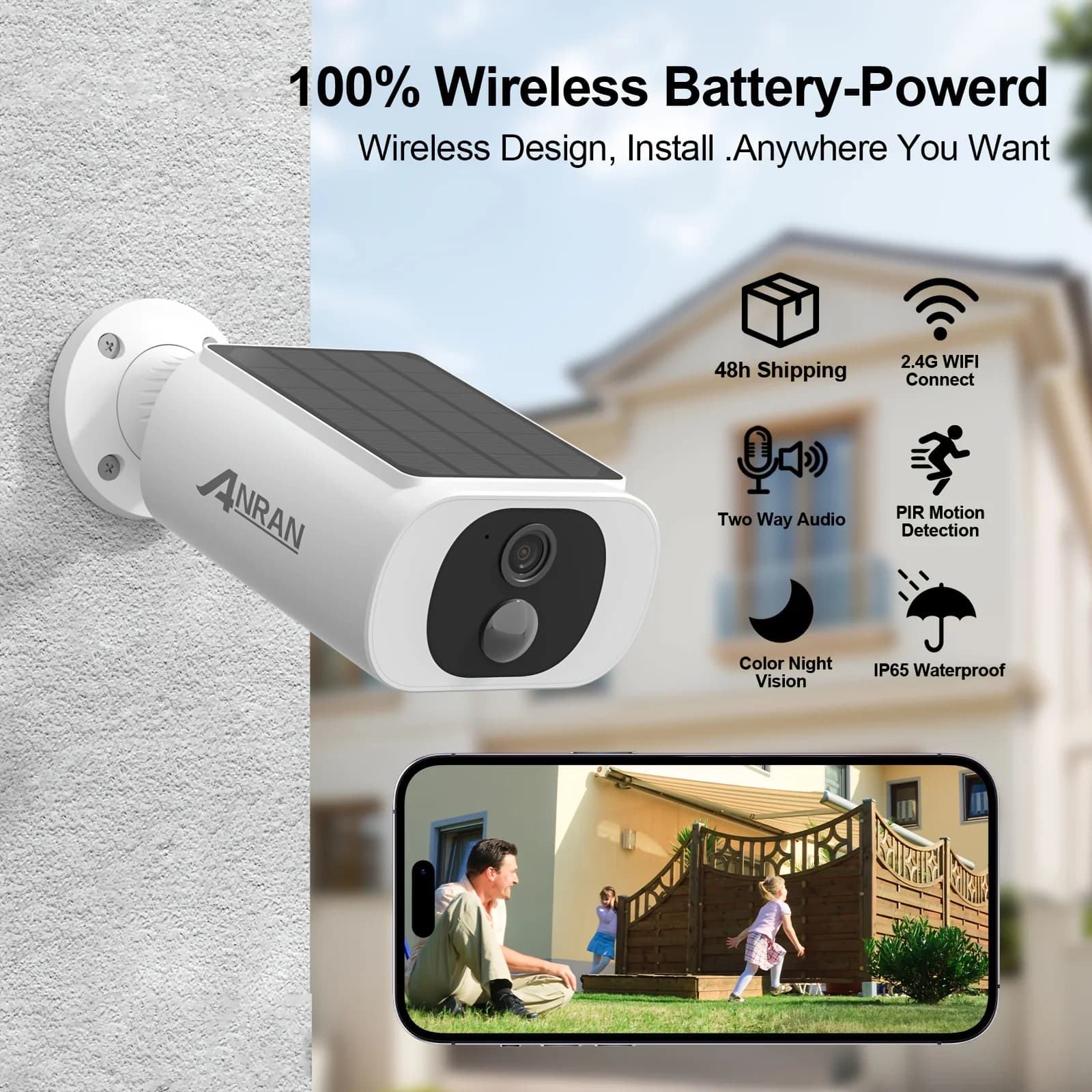 3MP Solar Security Camera, Wireless Outdoor WiFi Surveillance, Motion Detection, Full-Color Night Vision, Two-Way Audio, Alexa Support, IP65 Waterproof, Easy DIY Setup, 1pc