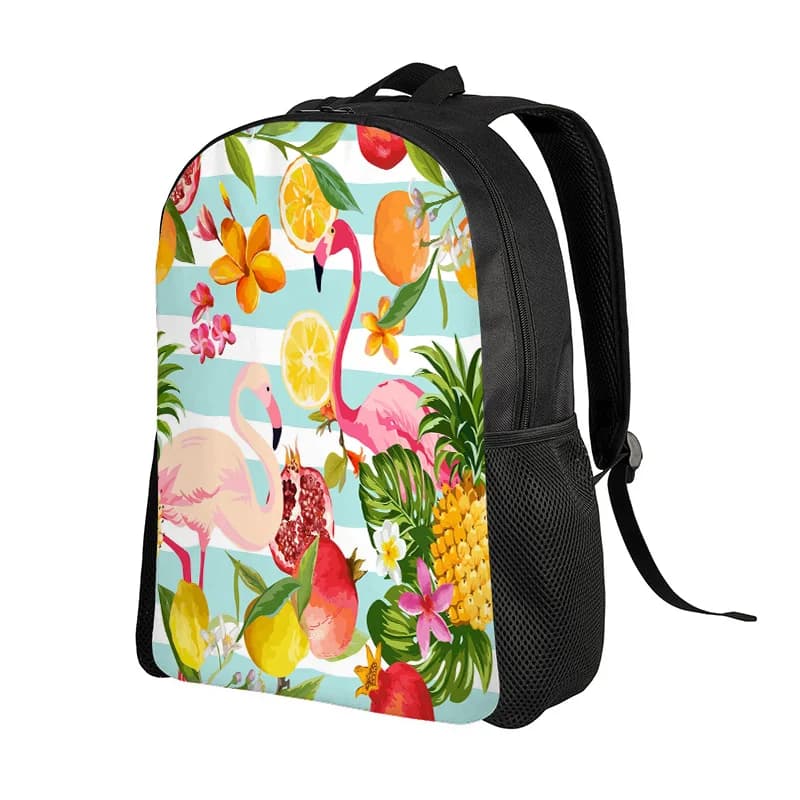 Zaino con stampa tropicale, design con fenicotteri e ananas - Borsa scolastica resistente con tracolla regolabile e chiusura con cerniera