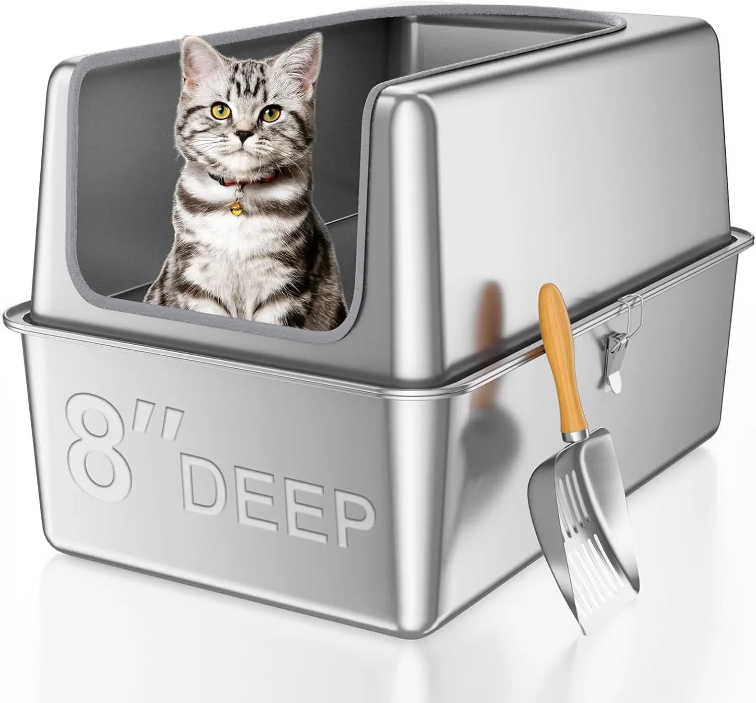 Lettiera per Gatti in Acciaio Inox 16'' con Coperchio, Profonda e Resistente agli Odori per Gatti Grandi