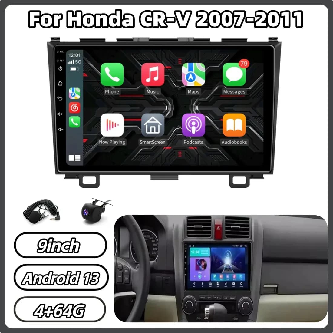 Android 13 9 inch 4+64G autoradio for CR-V 2007-2011 with Carplay, GPS, WiFi, Bluetooth, multimedia player, FM/RDS, SWC