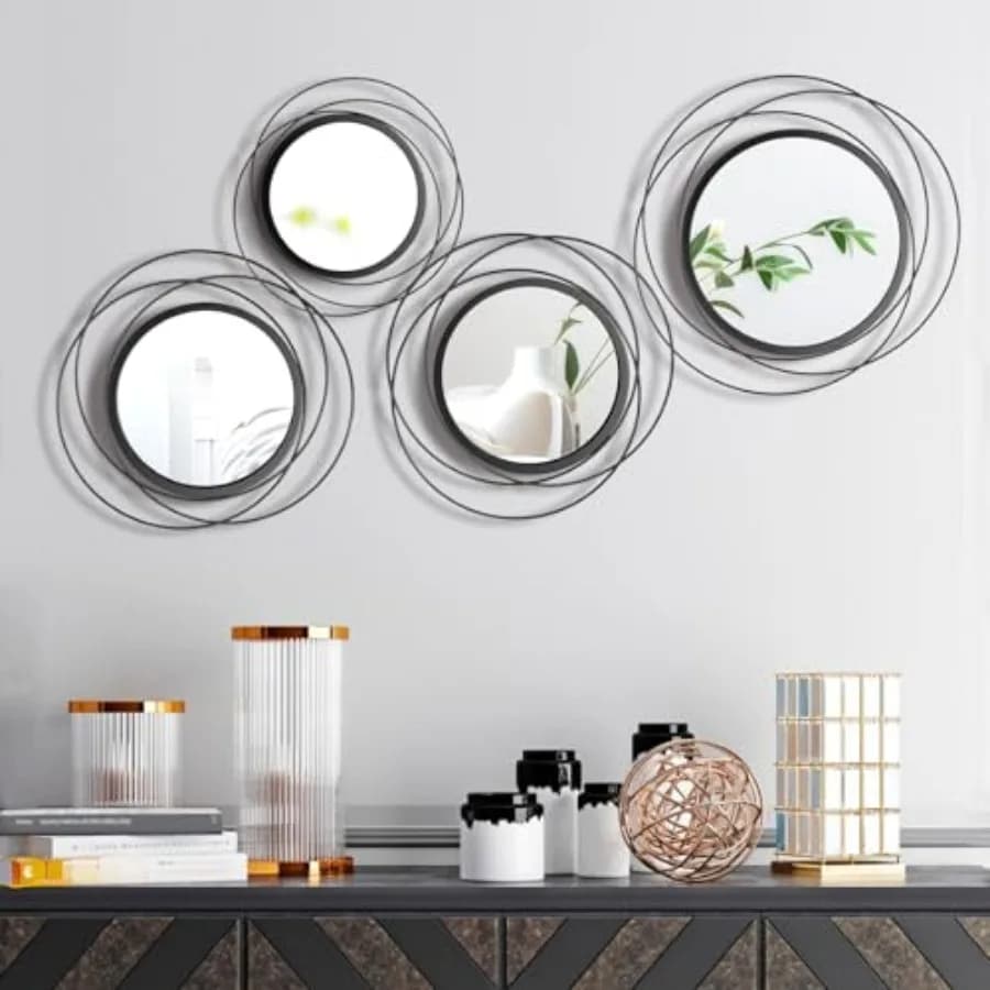 Hicarer Set di 4 Specchi Decorativi Rotondi Moderni, Specchio ad Anello in Metallo da Parete per Camera da Letto, Soggiorno, Ingresso