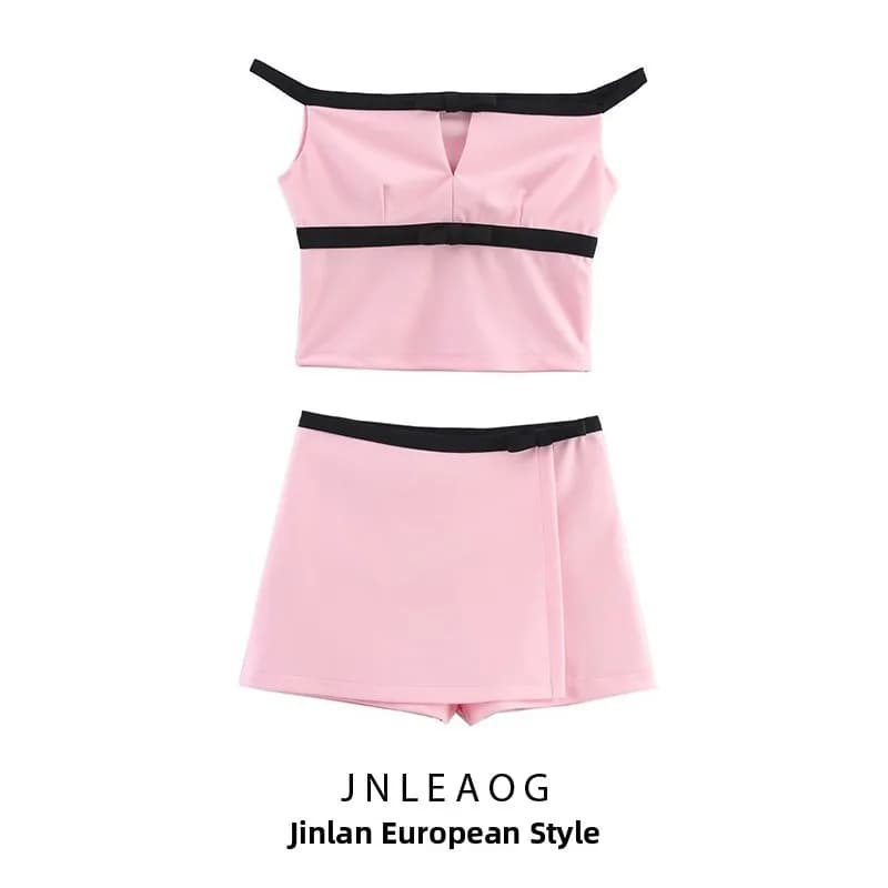JNLEAOG Nuova Collezione Primavera: Set Due Pezzi da Donna con Gonna-Pantalone Annodata, Maniche Corte e Scollo a V, Stile Europeo 3644159