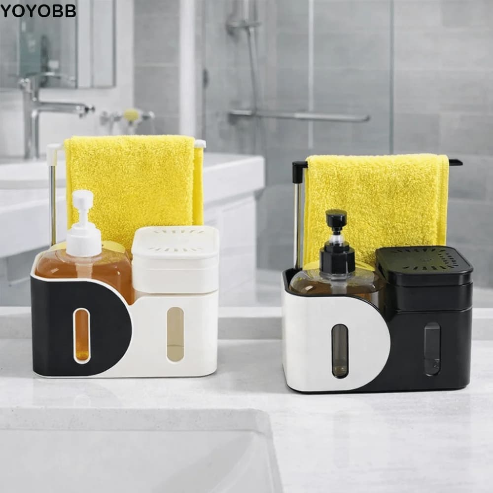 Set Dispenser di Sapone per Mani e Piatti in Plastica Ricaricabile con Porta Spugna, Dispenser Doppio con Porta Panno, Dispenser a Pressione
