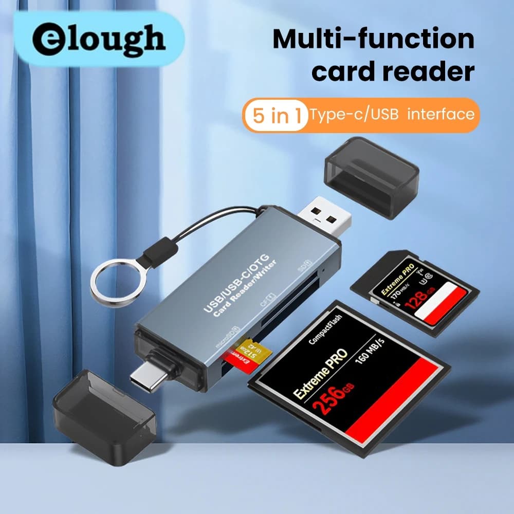 Elough Lettore di schede USB 3.0 5 in 1 Scheda di memoria SD/CF/TF Micro fotocamera reflex Tipo C Scheda di lettura USB per auto OTG a doppio scopo