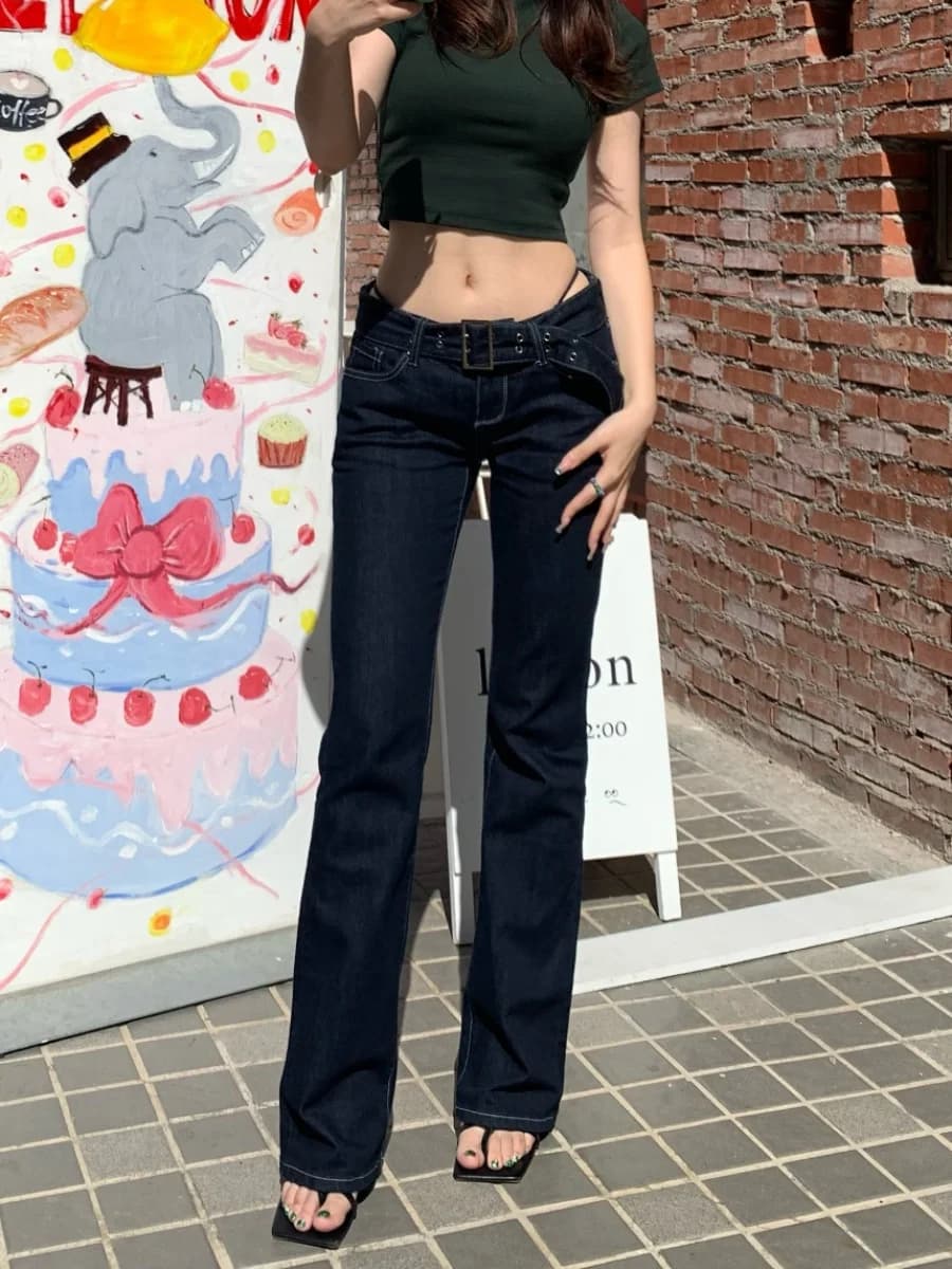 Slimming Straight Legbell Bottom Jeans Women's Retro American Low Waist Deep Blue Elastic Denim Pants Spring Autumn Cotton St...